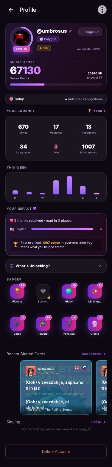 A real SongSense profile — level ring, Sense Points, journey stats, weekly chart and badges