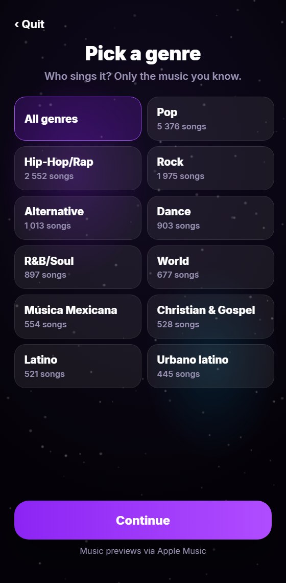 Pick a genre - all genres or one of thirteen, each with its song count