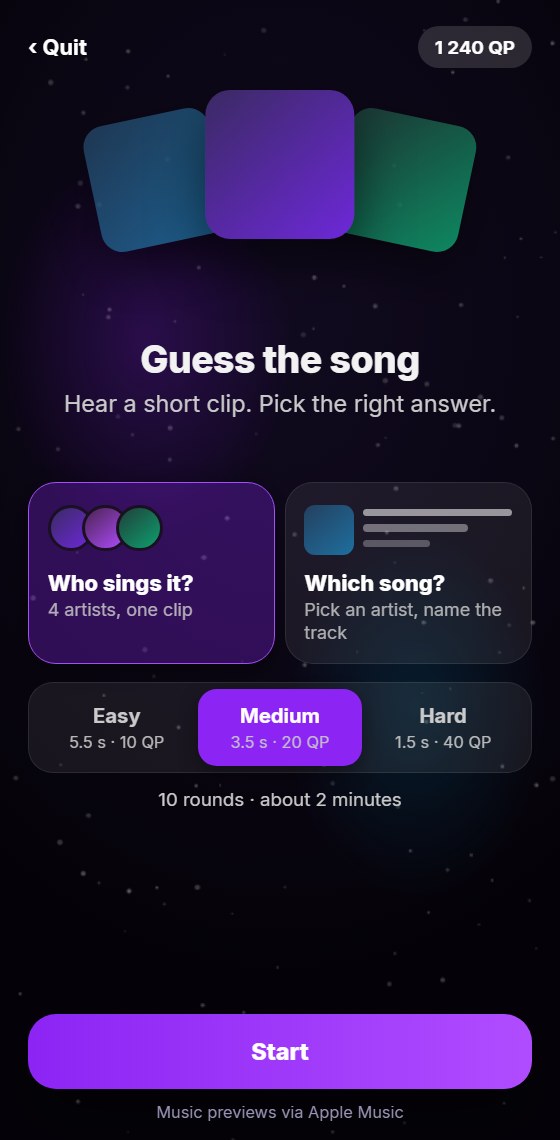 Quiz home - two modes, Who sings it and Which song, and three difficulties