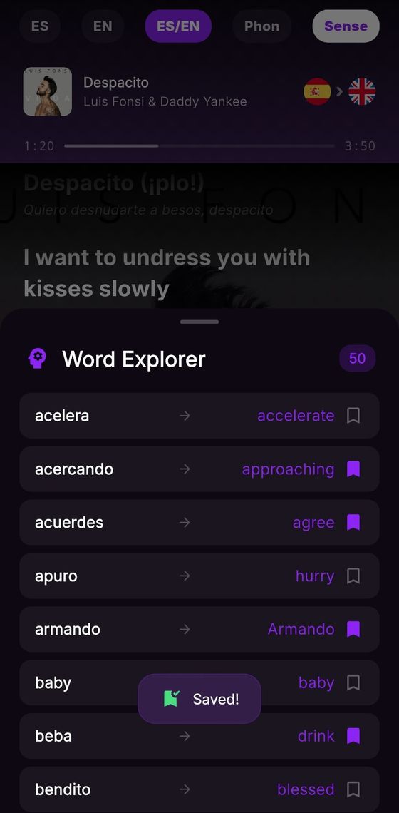 Word Explorer — tap any word from the lyrics and save it